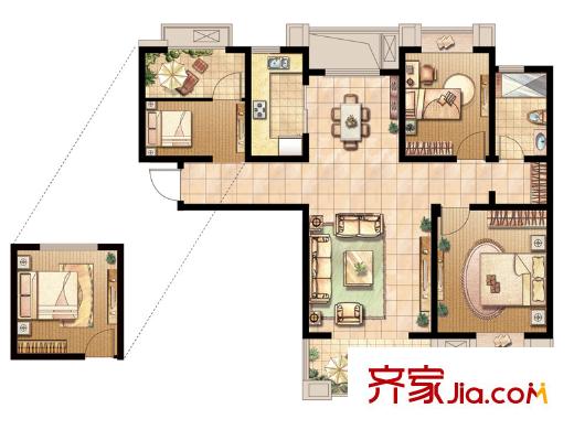 嘉盛维纳阳光D户型 3室2厅1卫1厨