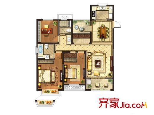 红豆人民路九号8#A户型 3室2厅2卫1厨