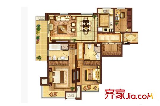 富力十号C区137平户型 3室2厅2卫1厨