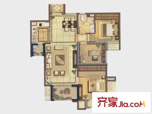 富力十号C区A户型 3室2厅2卫1厨