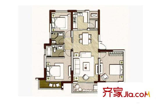 富力十号120平户型 3室2厅2卫1厨