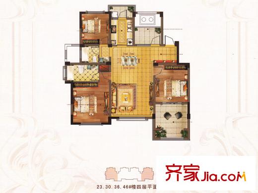奕淳・洋溪绿园23、30、36、46#楼D14层户型 3室2厅2卫1厨