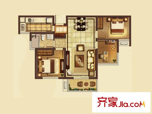 富力城三房户型 3室2厅1卫1厨
