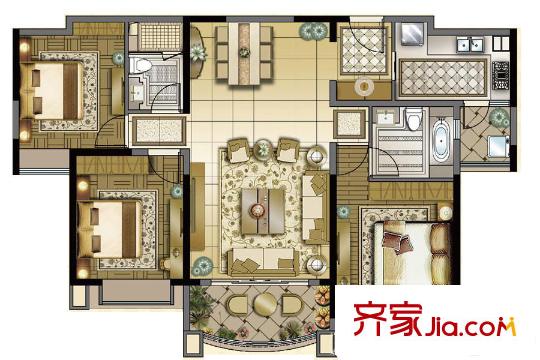 雅居乐中心广场C2户型 3室2厅2卫1厨
