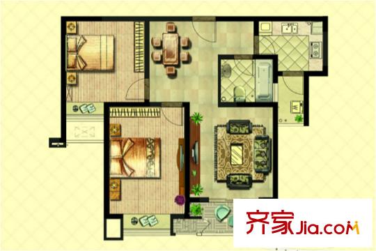 国信世家璞园E户型 2室2厅1卫1厨