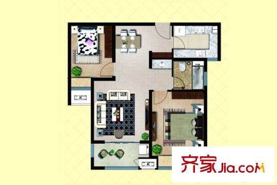 国信世家璞园A户型 2室2厅1卫1厨