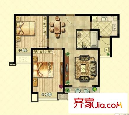 国信世家璞园12#楼高层E户型 2室2厅1卫1厨