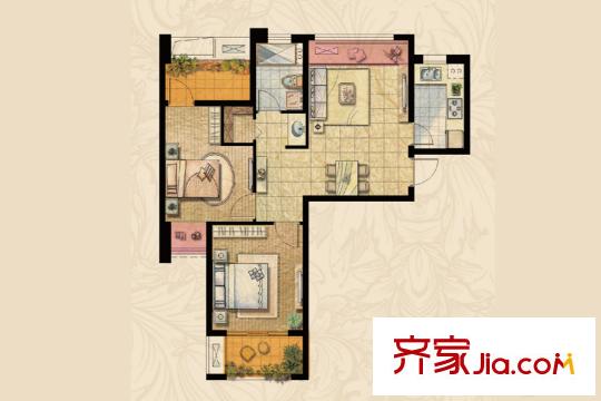 达安上品花园E3户型 2室2厅1卫1厨