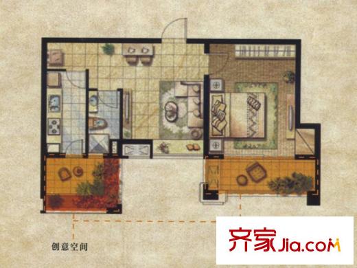 达安上品花园B1户型 1室1厅1卫1厨