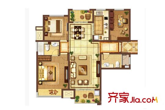 富力十号C区118平户型 3室2厅2卫1厨