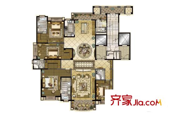 雅居乐中心广场330平户型 4室3厅5卫1厨