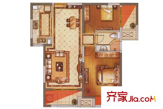 绿地西水东熙第88平B户型 2室1厅1卫1厨