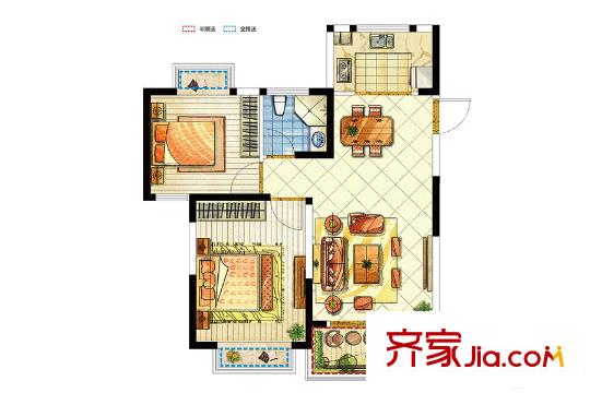 映月华府D1户型 2室2厅1卫1厨