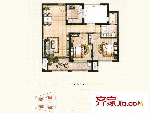 领秀琥珀澜湾C户型 2室2厅1卫1厨