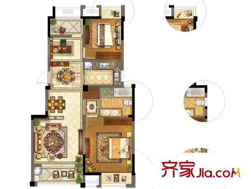 保利中央公园E户型 3室2厅1卫1厨