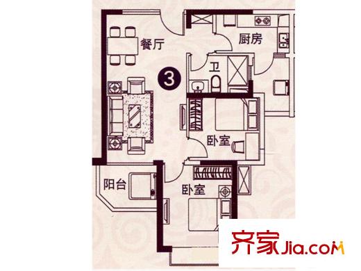 恒大绿洲6#楼二单元中间套 2室2厅1卫1厨