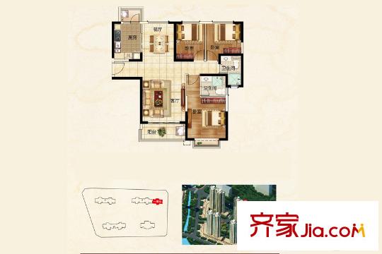 恒大绿洲三期21#127平户型 3室2厅2卫1厨