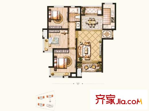 领秀琥珀澜湾D户型 3室2厅1卫1厨