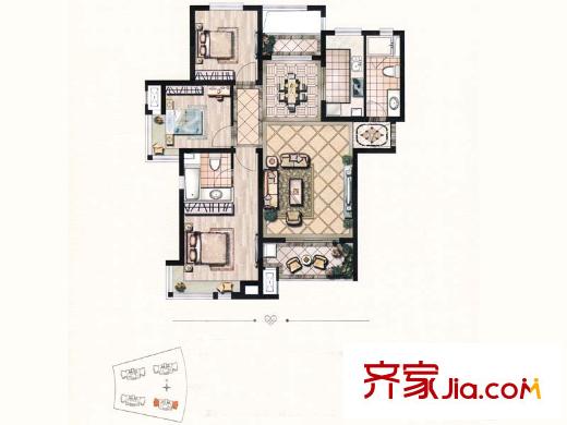 领秀琥珀澜湾E户型 3室2厅2卫1厨