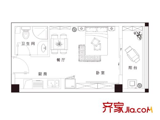 信运现代城G户型 1室1厅1卫1厨