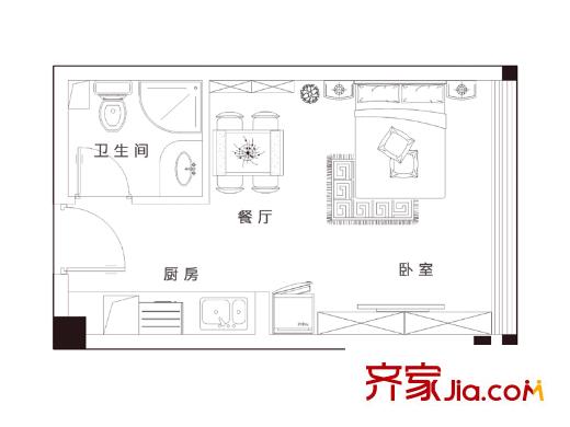 信运现代城H户型 1室1厅1卫1厨