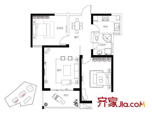 信运现代城B户型 2室2厅1卫1厨