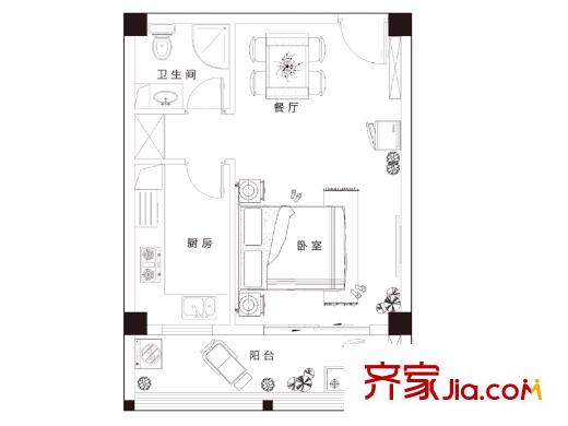 信运现代城D户型 1室1厅1卫1厨