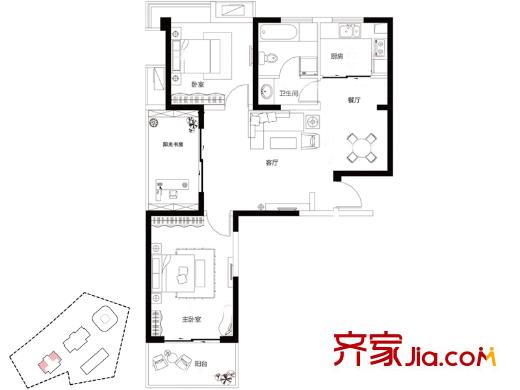 信运现代城A户型 2室2厅1卫1厨