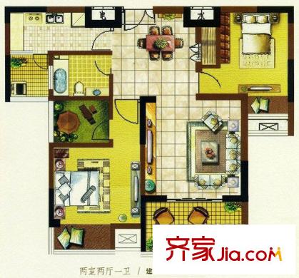 明发国际新城7080特区户型图 2室2厅1卫1厨
