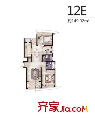 保利达江湾城12E户型 2室2厅2卫1厨