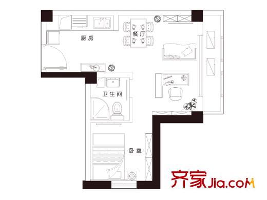 信运现代城F户型 1室1厅1卫1厨