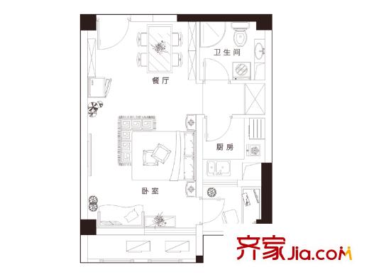 信运现代城E户型 1室1厅1卫1厨