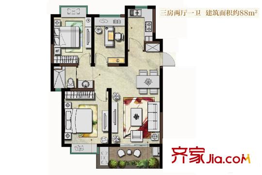 绿地璀璨天城79#A2户型88平 3室2厅1卫1厨