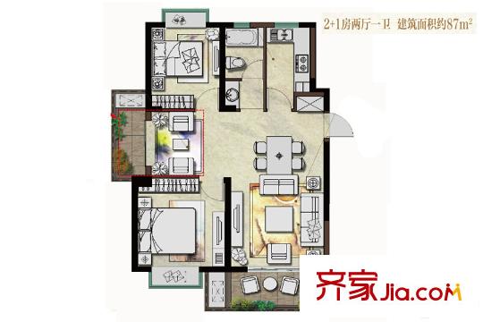 绿地璀璨天城79#A1户型87平 3室2厅1卫1厨