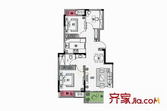 新城金郡B2户型 3室2厅1卫1厨