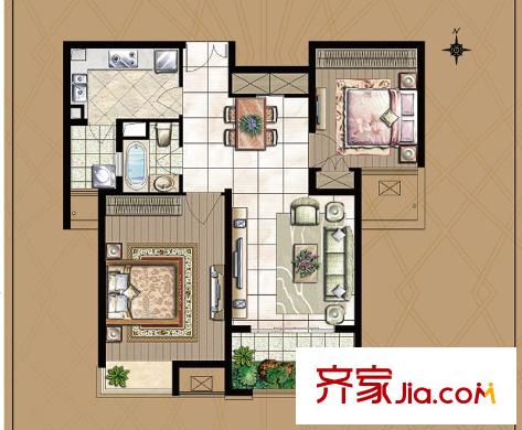 世茂首府1-B2户型 2室2厅1卫