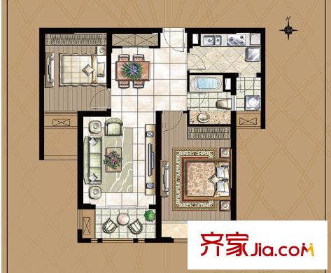 世茂首府2-A2户型 2室2厅1卫