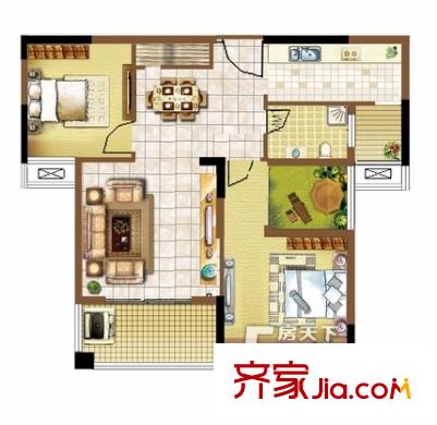 明发国际新城E2户型 2室2厅1卫1厨