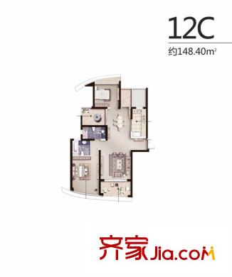 保利达江湾城12C户型 2室2厅2卫1厨