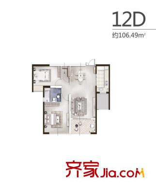 保利达江湾城12D户型 2室2厅1卫1厨
