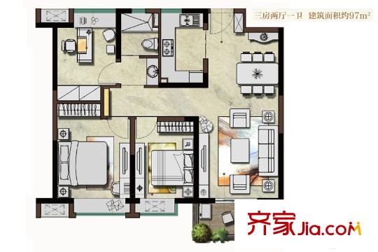 绿地璀璨天城79#B1户型97平 3室2厅1卫1厨