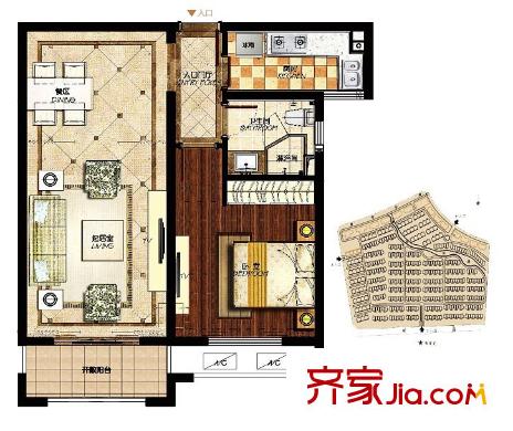 龙湖滟澜山户型图聆湖F1户型 1室2厅1卫