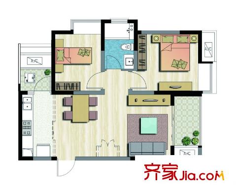 新加坡・尚锦城二期D1户型 2室2厅1卫
