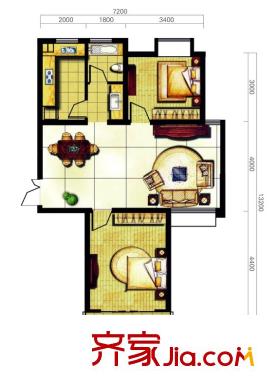 奥林花园户型图三期D6-3精致户型 2室2厅1卫