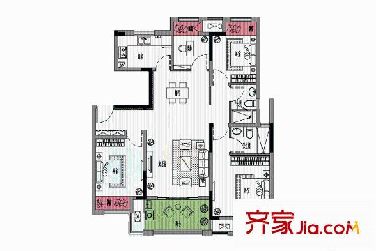 新城金郡A2户型 4室2厅2卫1厨