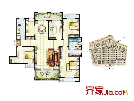 龙湖滟澜山户型图阅湖E1户型 3室2厅2卫