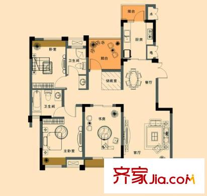 融创理想城市户型图2期小高层1号楼D户型 3室2厅2卫