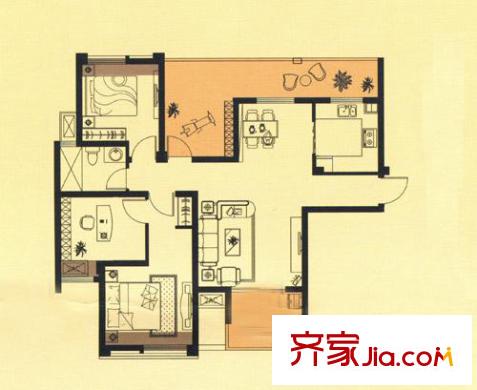 融创理想城市户型图2期小高层1号楼D2户型 3室2厅1卫