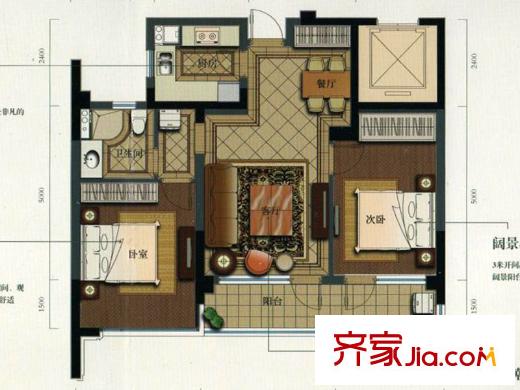 绿城玉兰花园E1户型 2室2厅1卫1厨
