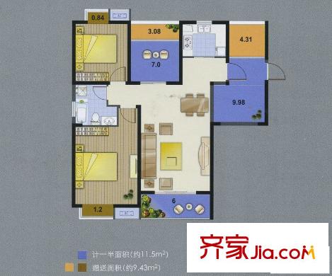 无锡滨湖万达广场户型图D区住宅G7户型 2室2厅1卫